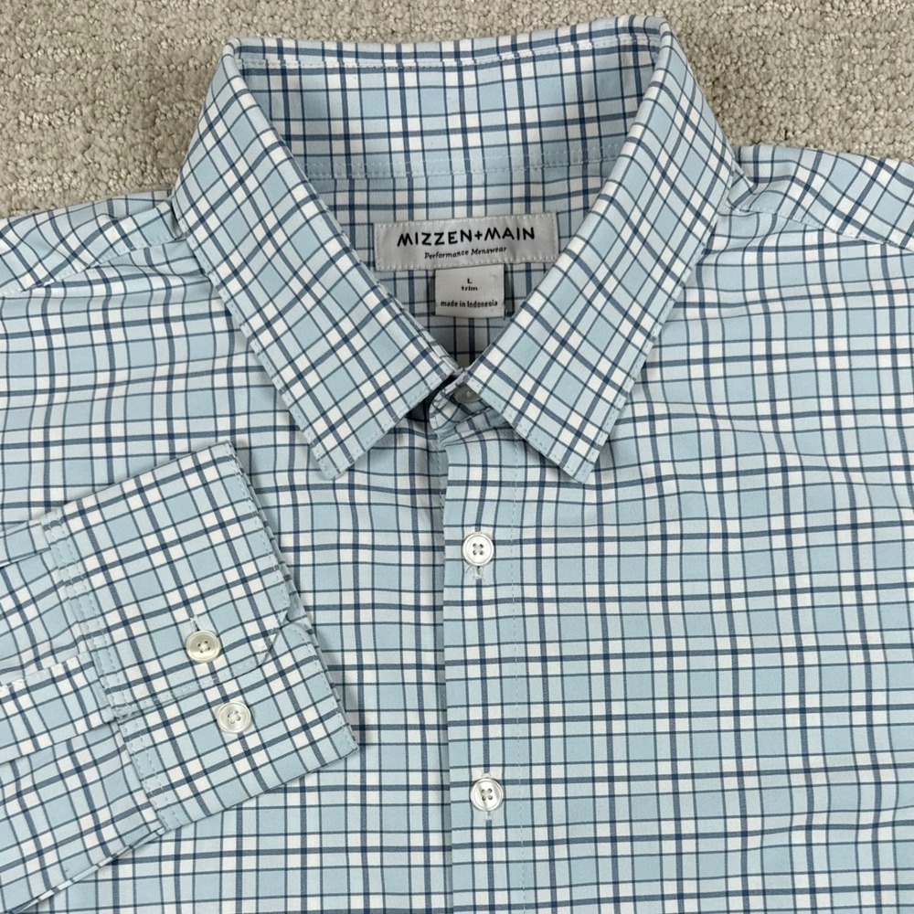 Mizzen+Main Mens Large Blue Plaid Trim Fit Performance Long Sleeve Button Shirt